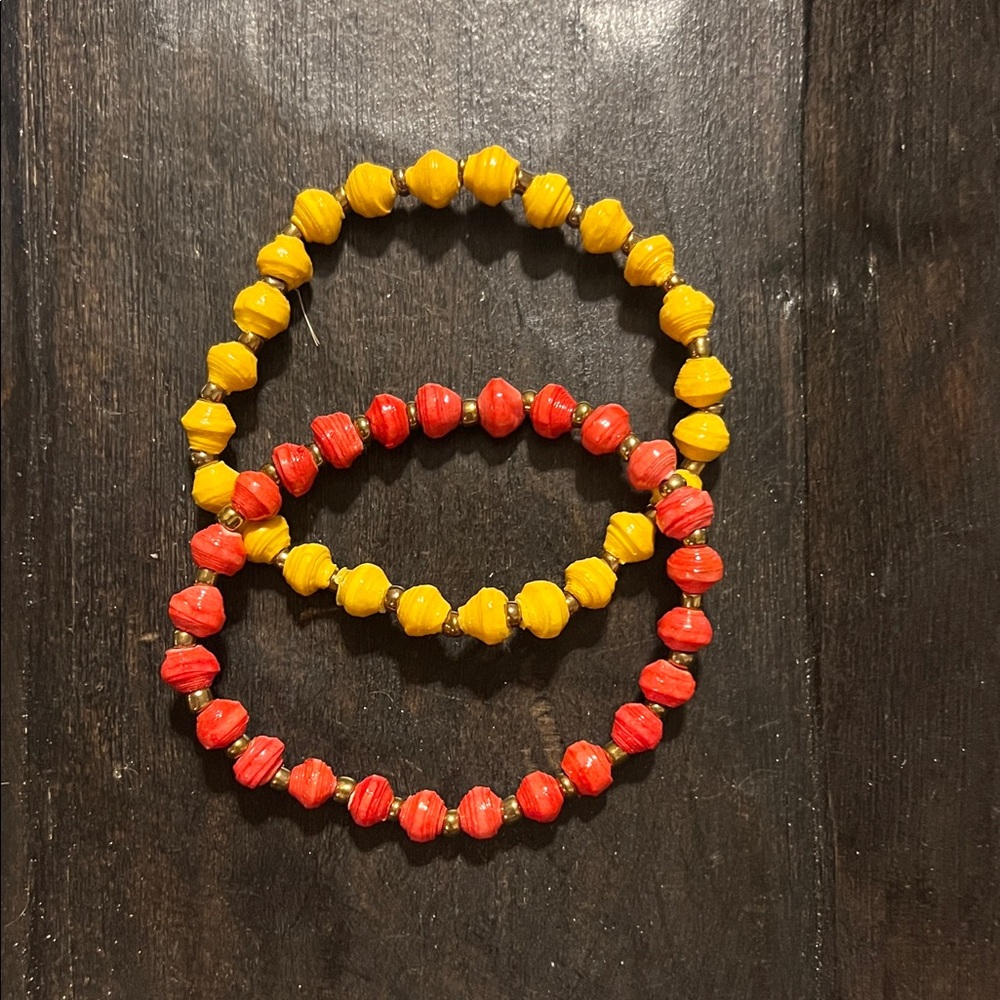 Kids Handmade Yellow and Red Paper Beaded Stretch Bracelets - Set of 3